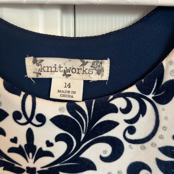 Knit Works Girls 14 Skater Dress Navy Blue Flocked Floral Stretch Ruffle Lined - Picture 5 of 6